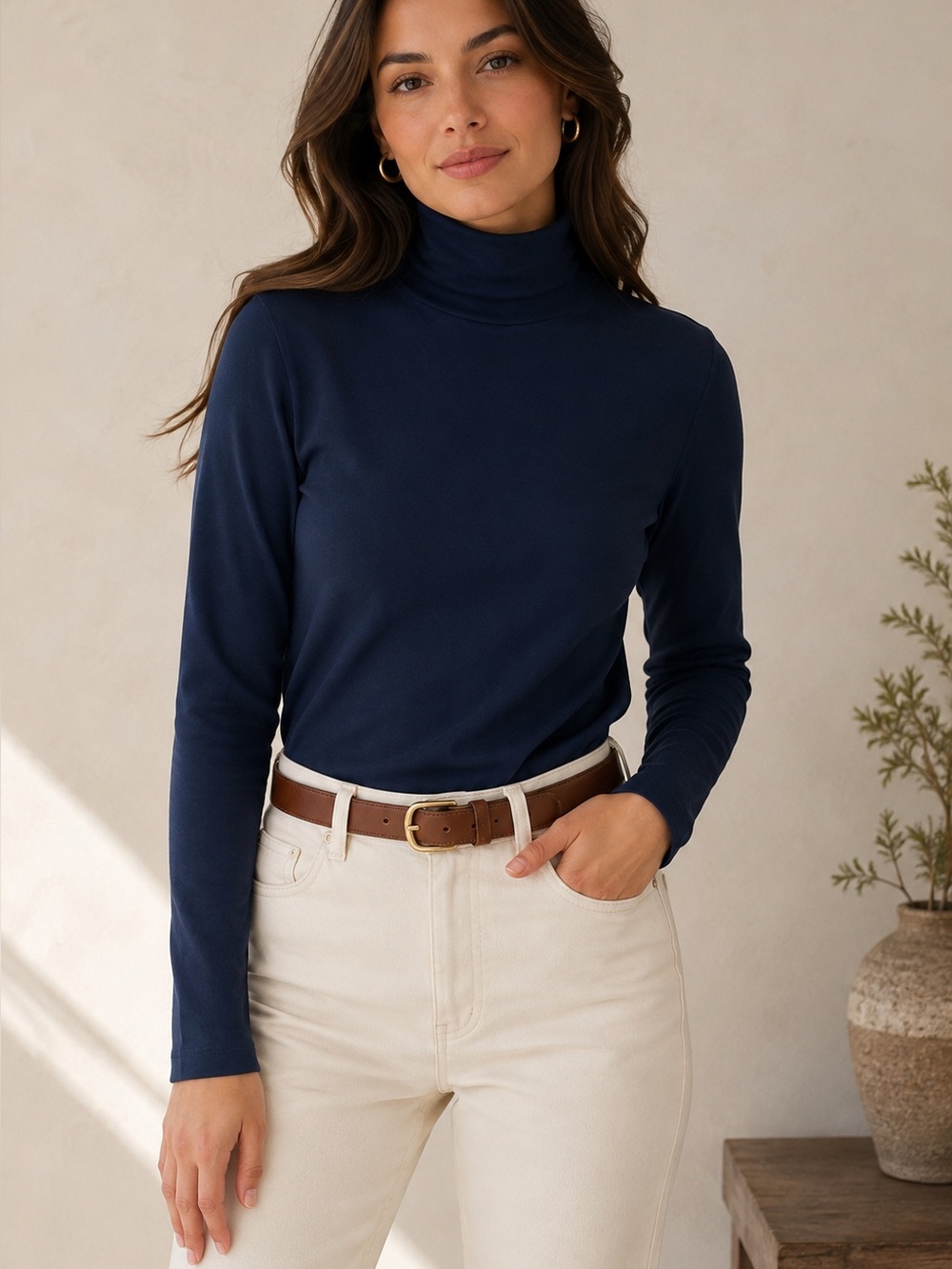 E.L.I. Navy Blue Pima Cotton Turtleneck Long Sleeve Top Size M Minimalist Basic